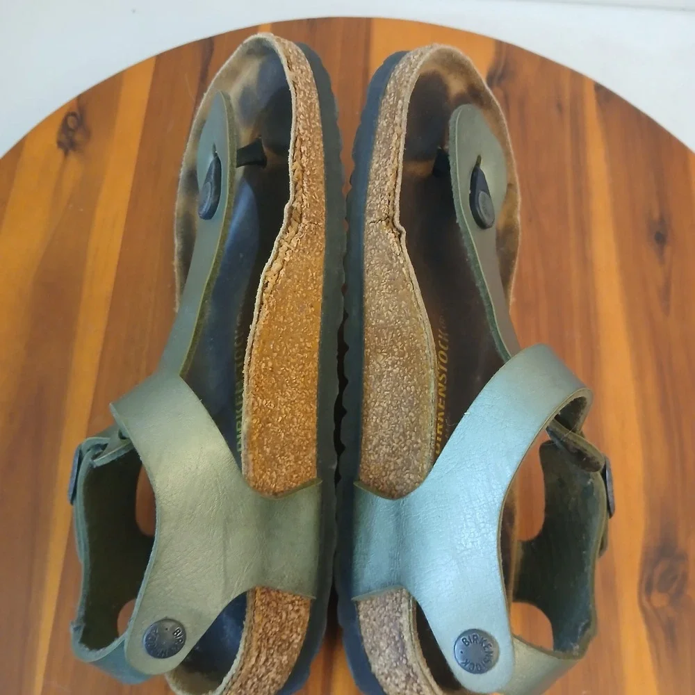 Birkenstock Kairo Sandals Womens 38 Green Leather Ankle Strap Thong Cork